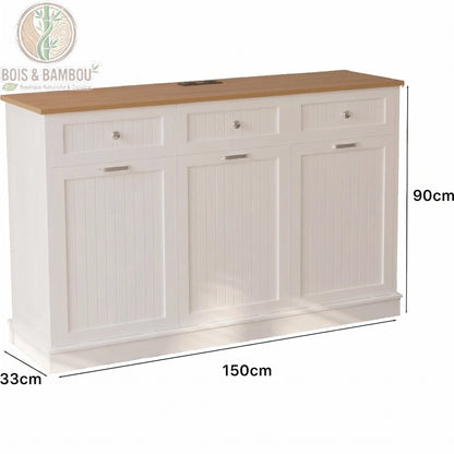 Meuble En Bois Massif Pour Tri Selectif dimensions. Schéma technique du buffet de tri sélectif blanc indiquant ses mesures : 150 cm de longueur, 90 cm de hauteur et 33 cm de profondeur.