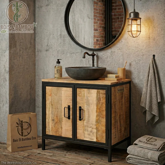 Meuble Sous Évier en Manguier Brut : un meuble industriel alliant bois massif et métal noir dans une salle de bain retro. Design robuste avec découpe pour évacuation et grandes poignées pour un style authentique.