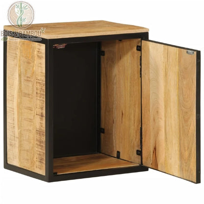 Meuble Sous evier en Manguier brute suspendue. Petit meuble industriel en bois de manguier avec cadre en métal noir, porte ouverte montrant un compartiment intérieur spacieux.