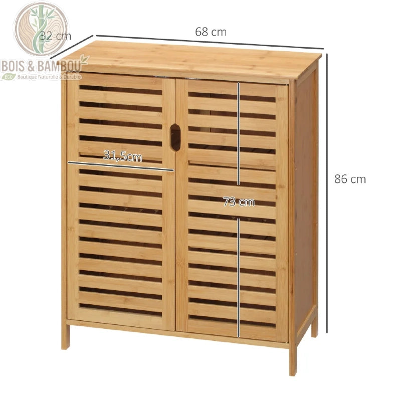 Meuble bas de salle de bain en bambou dimensions. Infographie détaillant les mesures : 86 cm de hauteur, 68 cm de largeur et 32 cm de profondeur, avec des portes de 31,5 cm par 73 cm de hauteur.