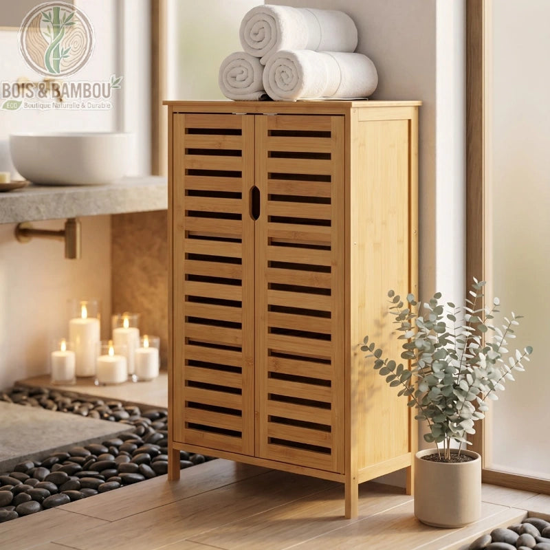 Meuble bas de salle de bain en bambou situation 2. Un meuble en bambou à portes persiennes dans une salle de bain zen avec serviettes blanches, bougies allumées et galets décoratifs au sol.