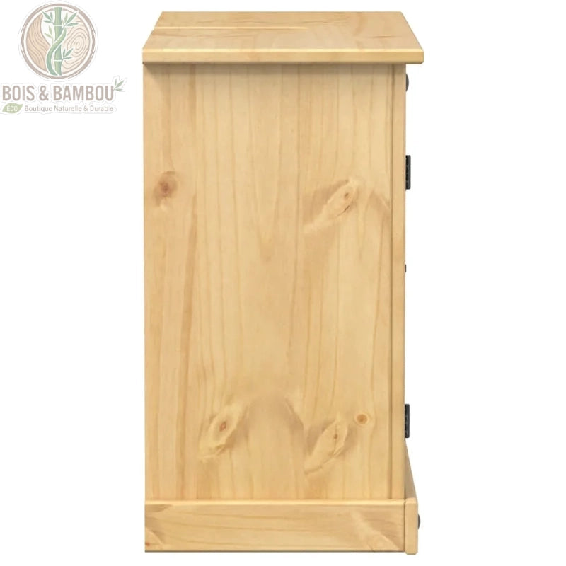 Meuble de Salle de Bain Corona cote. Vue de profil d'un meuble en pin massif ciré, mettant en valeur le grain naturel du bois clair et ses nœuds authentiques.