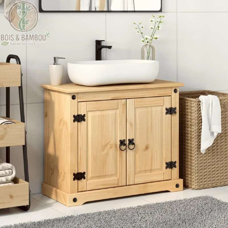 Meuble de Salle de Bain Corona : vanity en pin massif style mexicain avec vasque, quincaillerie en fer noir et portes pour un rangement rustique et élégant dans votre salle de bain.