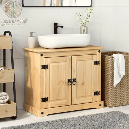 Meuble de Salle de Bain Corona : vanity en pin massif style mexicain avec vasque, quincaillerie en fer noir et portes pour un rangement rustique et élégant dans votre salle de bain.