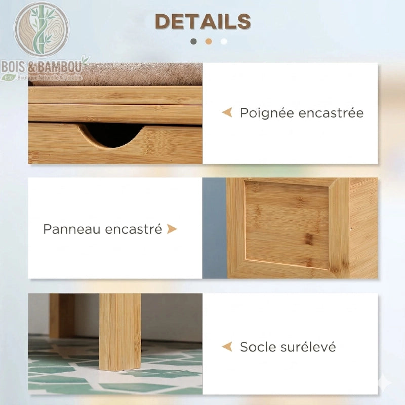 Meuble de salle de bain en bambou details. Gros plans sur une poignée encastrée, un panneau de tiroir encastré et un socle surélevé, soulignant les finitions soignées de ce meuble en bambou naturel.