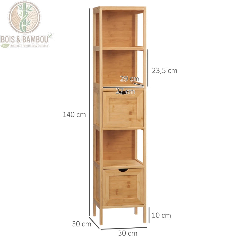 Meuble de salle de bain en bambou dimensions. Infographie d'une colonne haute de 140 cm avec une base de 30x30 cm, précisant les mesures des niches et tiroirs pour un rangement optimal.