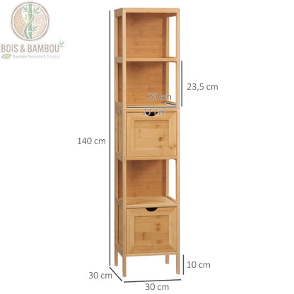 Meuble de salle de bain en bambou dimensions. Infographie d'une colonne haute de 140 cm avec une base de 30x30 cm, précisant les mesures des niches et tiroirs pour un rangement optimal.