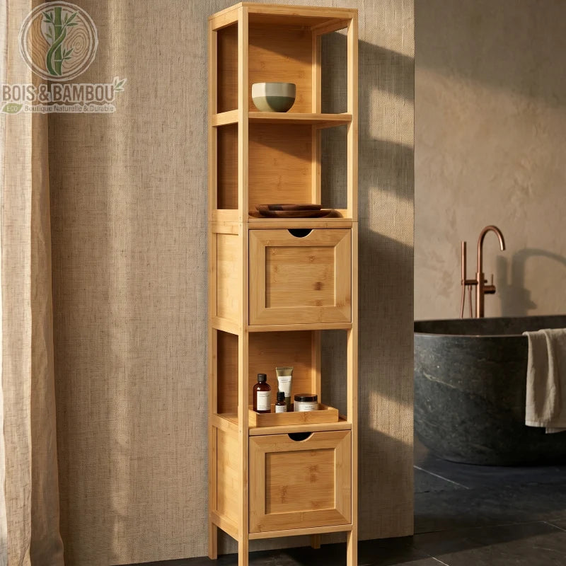 Meuble de salle de bain en bambou situation. Colonne de rangement haute en bambou avec étagères et tiroirs, organisée avec des produits de soin à côté d'une baignoire îlot en pierre sombre.