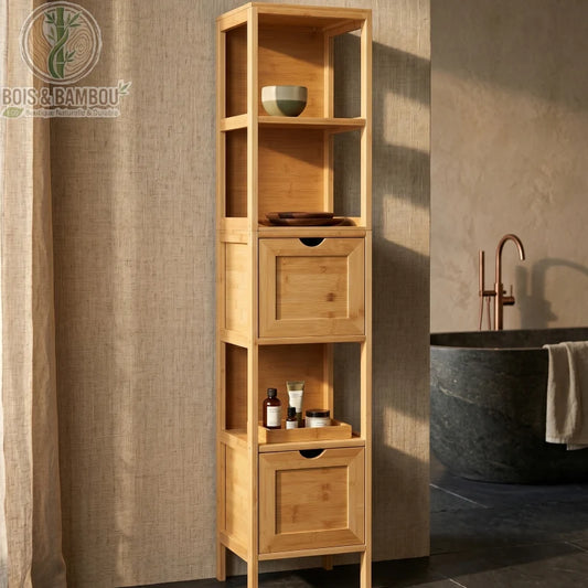 Meuble de salle de bain en bambou situation. Colonne de rangement haute en bambou avec étagères et tiroirs, organisée avec des produits de soin à côté d'une baignoire îlot en pierre sombre.
