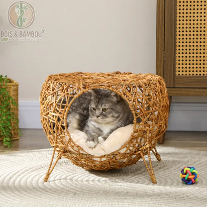 Niche pour Chat en Rotin. Un chat tigré gris repose confortablement sur un coussin moelleux à l'intérieur d'une niche sphérique sur pieds en rotin tressé, posée sur un tapis rond.