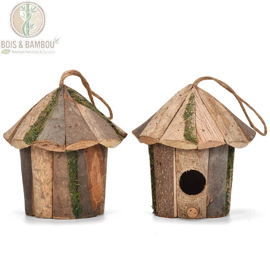 Nichoir à oiseaux en bois vu de face et de dos, toit conique à mousse et corde de suspension en jute