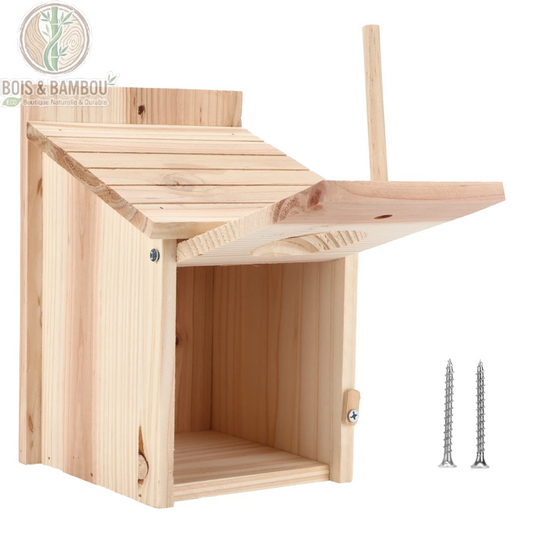 Nichoir en bois de pin ouvert par la face avant, structure et vis de fixation fournies