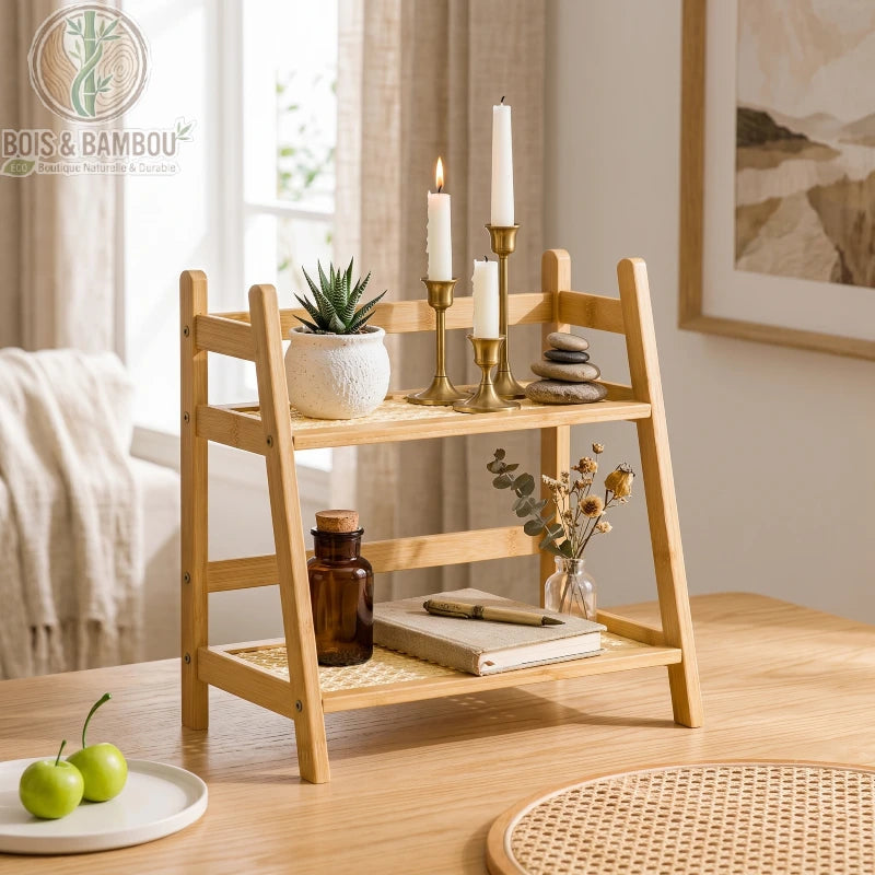 Organisateur bambou 2 niveaux clair zen avec bougies plante et carnet, Bois et Bambou Eco