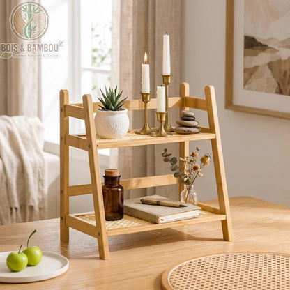 Organisateur bambou 2 niveaux clair zen avec bougies plante et carnet, Bois et Bambou Eco