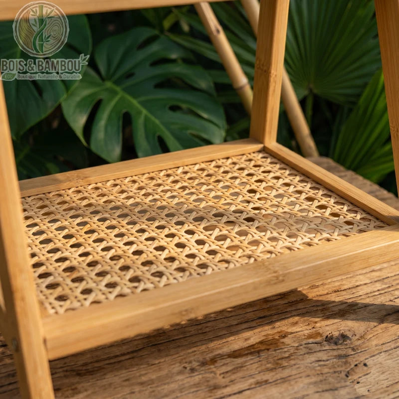 Organisateur bambou 2 niveaux clair, zoom cannage rotin tresse en ambiance tropicale, Bois et Bambou Eco