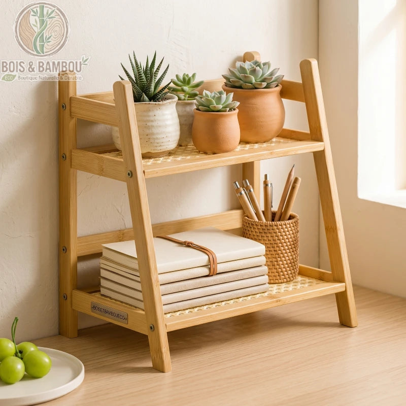 Organisateur bambou 2 niveaux clair avec succulentes et carnet sur bureau ensoleille, Bois et Bambou Eco