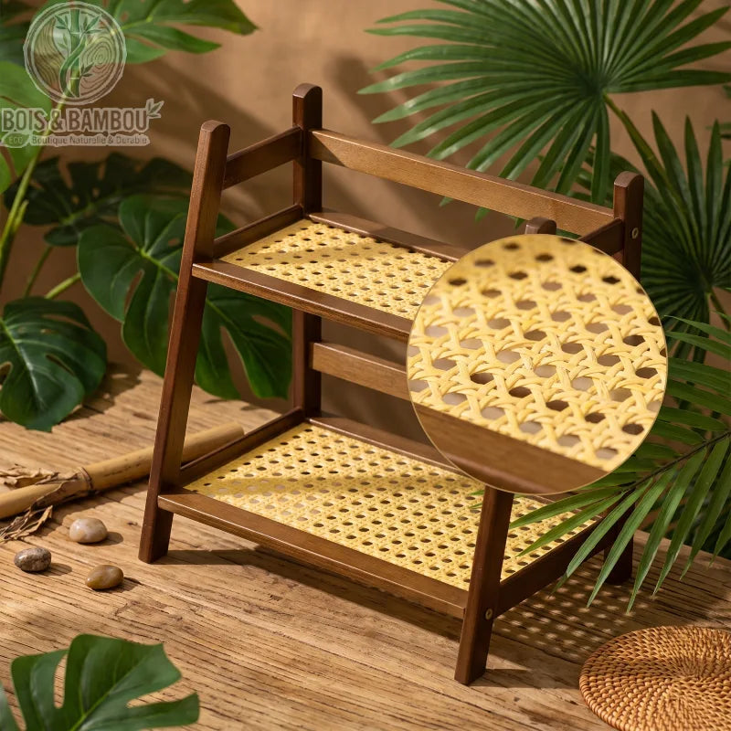 Organisateur bambou 2 niveaux fonce, gros plan tressage cannage avec feuilles monstera, Bois et Bambou Eco