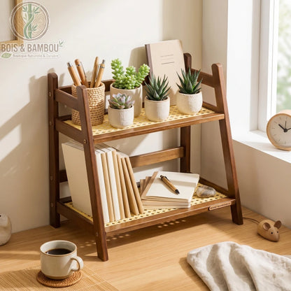 Organisateur bambou 2 niveaux fonce avec succulentes et tasse cafe sur bureau boise, Bois et Bambou Eco