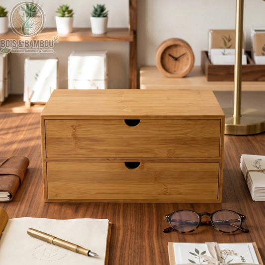Organisateur de bureau en bambou 2 tiroirs situation 1. Petit meuble de rangement en bambou naturel avec deux tiroirs, posé sur un bureau en bois entouré d'accessoires d'écriture et d'une horloge.