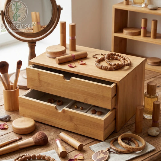Organisateur de bureau en bambou 2 tiroirs situation 2. Coffret en bambou utilisé comme boîte à bijoux et maquillage, tiroirs ouverts révélant des bagues et boucles d'oreilles sur un plan de travail.