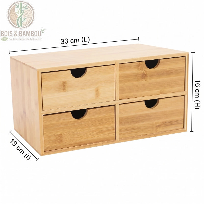 Organisateur de bureau en bambou 4 tiroirs dimensions. Infographie affichant les mesures du meuble : 33 cm de longueur (L), 19 cm de largeur (l) et 16 cm de hauteur (H) avec ses quatre tiroirs.