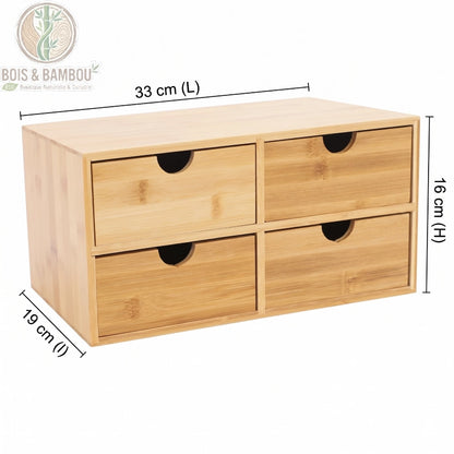 Organisateur de bureau en bambou 4 tiroirs dimensions. Infographie affichant les mesures du meuble : 33 cm de longueur (L), 19 cm de largeur (l) et 16 cm de hauteur (H) avec ses quatre tiroirs.