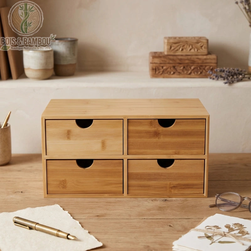 Organisateur de bureau en bambou 4 tiroirs situation 1. Elégant coffret de rangement en bambou naturel doté de quatre tiroirs, disposé sur un bureau en bois avec stylo plume et lunettes.