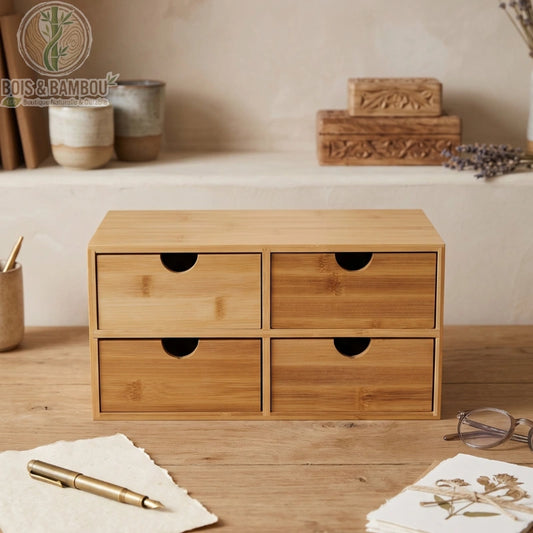 Organisateur de bureau en bambou 4 tiroirs situation 1. Elégant coffret de rangement en bambou naturel doté de quatre tiroirs, disposé sur un bureau en bois avec stylo plume et lunettes.