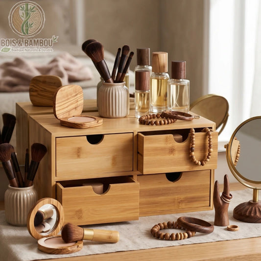 Organisateur de bureau en bambou 4 tiroirs situation 2. Organisateur en bambou utilisé comme boîte à maquillage, tiroirs ouverts avec bijoux et pinceaux dans une ambiance de coiffeuse élégante.