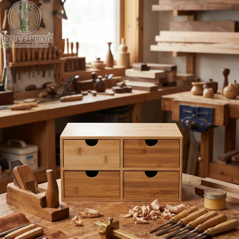 Organisateur de bureau en bambou 4 tiroirs situation 4. Petit caisson de rangement en bambou posé sur un établi d'atelier de menuiserie, entouré de ciseaux à bois, d'un rabot et de copeaux.