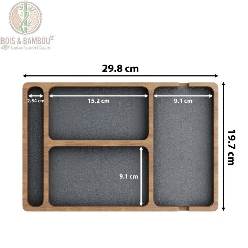 Organisateur bureau bois massif dimensions 29,8 cm longueur 19,7 cm largeur compartiments détaillés
