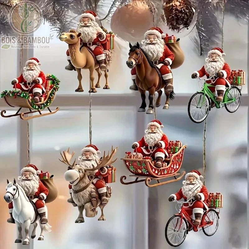 Ornements Père Noël Équitation, un ensemble coloré de décorations festives en 2D représentant le Père Noël voyageant de diverses manières : sur un dromadaire, un cheval, un renne, un vélo ou dans son traîneau traditionnel chargé de cadeaux. Chaque pièce est conçue pour être suspendue et apporte une touche ludique et variée à la décoration de Noël.