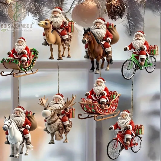 Ornements Père Noël Équitation, un ensemble coloré de décorations festives en 2D représentant le Père Noël voyageant de diverses manières : sur un dromadaire, un cheval, un renne, un vélo ou dans son traîneau traditionnel chargé de cadeaux. Chaque pièce est conçue pour être suspendue et apporte une touche ludique et variée à la décoration de Noël.