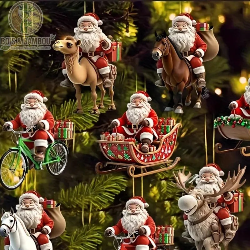 Ornements en bois Père Noël suspendus sur sapin de Noël décoré, motifs chameau cheval traîneau