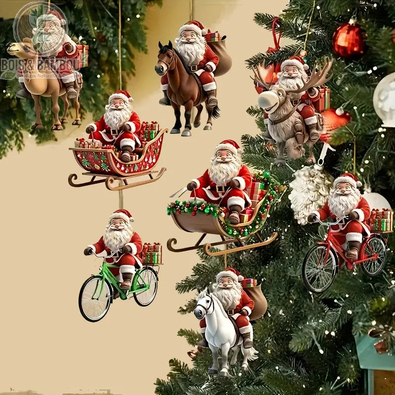 Ornements bois Père Noël à suspendre décorés sur sapin, scènes traîneau renne vélo bois naturel