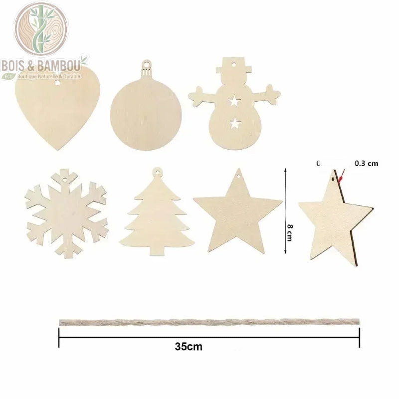 Dimensions ornements noël bois 8 cm hauteur 0,3 cm épaisseur corde chanvre 35 cm