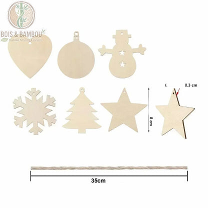 Dimensions ornements noël bois 8 cm hauteur 0,3 cm épaisseur corde chanvre 35 cm