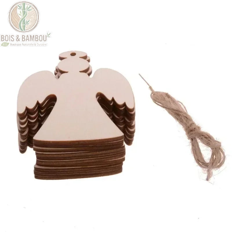 Ornement noël bois ange grandes ailes déployées corde chanvre