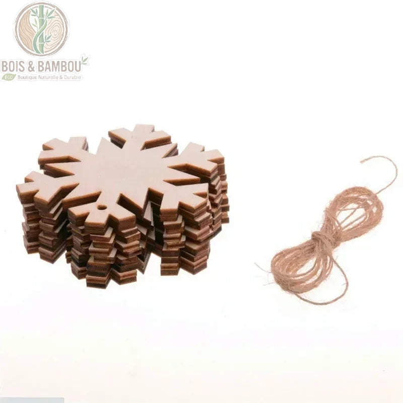 Ornement noël bois flocon de neige 8 branches teinté brun corde chanvre