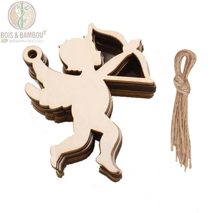 Ornement noël bois ange cupidon arc flèche ajouré corde chanvre