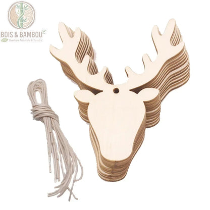Ornement noël bois tête de cerf bois ramifiés corde coton