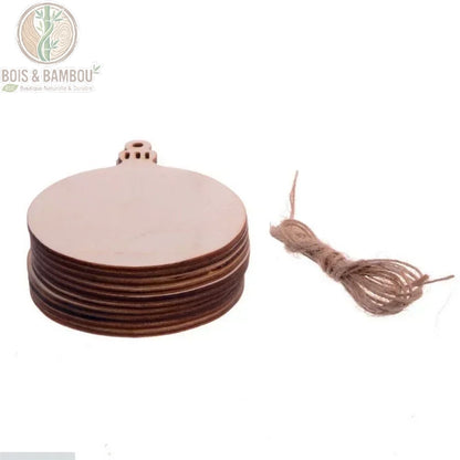 Ornement noël bois boule lisse ronde anneau suspension corde chanvre