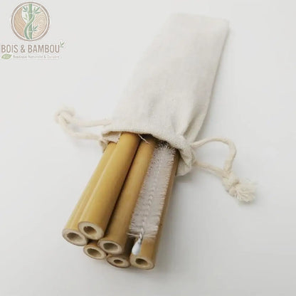 Pailles en Bambou Bio Ensemble 6 Pailles Naturelles avec Pochette – vue du pack complet : 6 pailles bambou, 1 brosse de nettoyage et 1 pochon en tissu coton naturel.