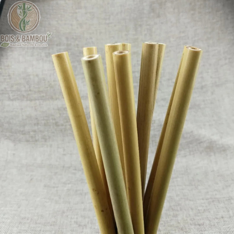 Pailles en Bambou Bio. Un faisceau de pailles réutilisables en bambou naturel aux teintes variées, présentées en gros plan sur un fond en tissu gris texturé. Accessoire écologique.