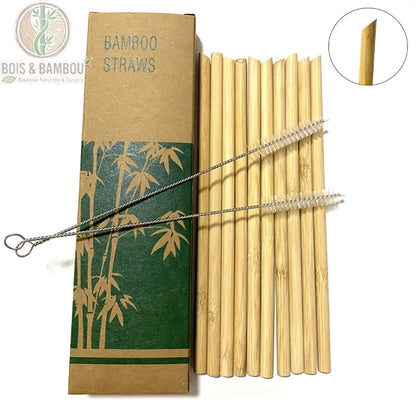 Pailles en Bambou Naturel Réutilisables Lot 10 Pailles Bambou Bio – version biseautée boîte bambou, présentation complète du lot avec accessoires de nettoyage.
