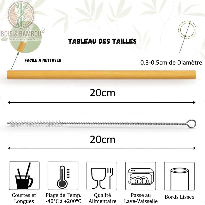 Pailles en Bambou Naturel Réutilisables Lot 10 Pailles Bambou Bio – détail texture naturelle du bambou biologique, coupe biseautée, diamètre 8 mm longueur 200 mm.