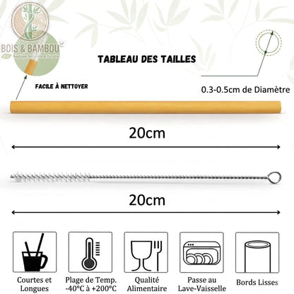 Pailles en Bambou Naturel Réutilisables Lot 10 Pailles Bambou Bio – détail texture naturelle du bambou biologique, coupe biseautée, diamètre 8 mm longueur 200 mm.