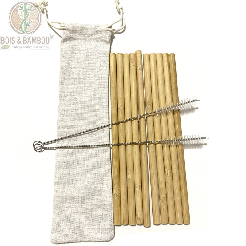 Pailles en Bambou Naturel Réutilisables Lot 10 Pailles Bambou Bio – version sac coton blanc, 10 pailles bambou droites avec 2 brosses de nettoyage incluses.