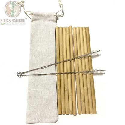 Pailles en Bambou Naturel Réutilisables Lot 10 Pailles Bambou Bio – version sac coton blanc, 10 pailles bambou droites avec 2 brosses de nettoyage incluses.