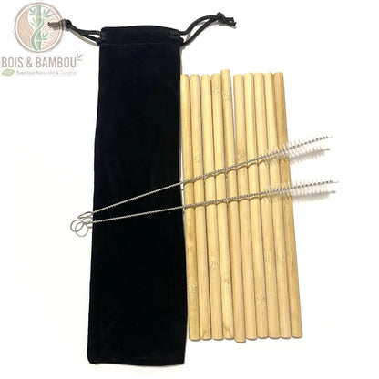 Pailles en Bambou Naturel Réutilisables Lot 10 Pailles Bambou Bio – version sac velours noir, 10 pailles bambou droites avec 2 brosses de nettoyage incluses.